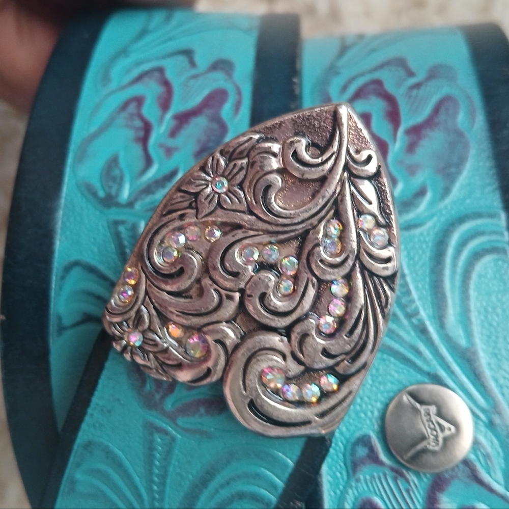 💎 VACCARI Women's Turquoise Tooled Leather Belt NO BUCKLE - Picture 10 of 11